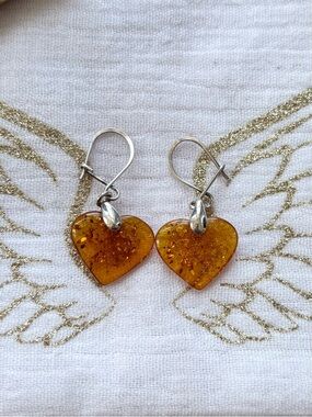 Baltic Amber Heart Drop Earrings - Women's Yellow Amber Dangle Earrings